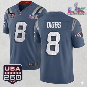 READ. New England Patriots Nike Stefon Diggs #8 250 USA Super Bowl LX storm blue